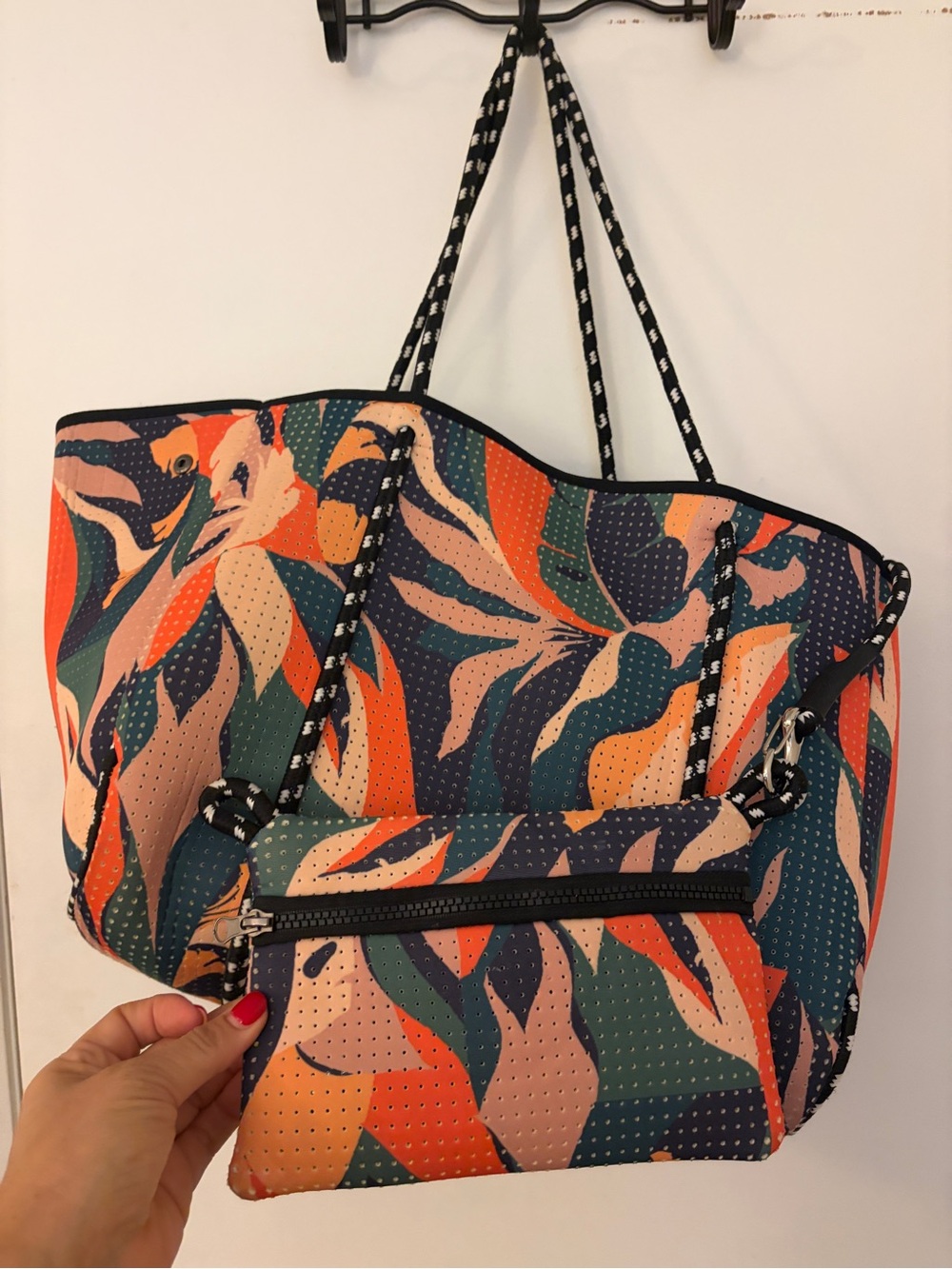 Neoprene Floral Print Tote in Orange, Teal & Navy - Picture 2 of 7